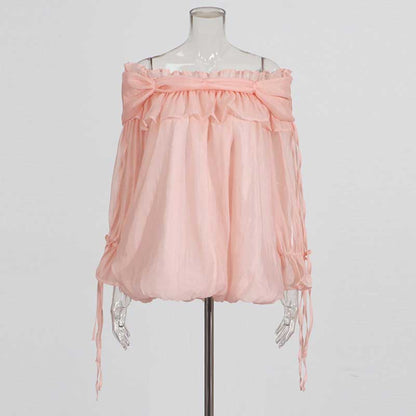 Long Ruffle Sleeves Lace-Up Tulle Shirt Formal Top