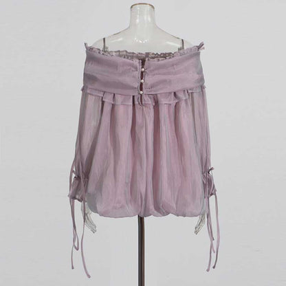 Long Ruffle Sleeves Lace-Up Tulle Shirt Formal Top