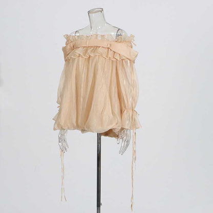 Long Ruffle Sleeves Lace-Up Tulle Shirt Formal Top