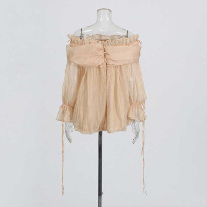 Long Ruffle Sleeves Lace-Up Tulle Shirt Formal Top