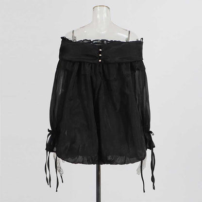 Long Ruffle Sleeves Lace-Up Tulle Shirt Formal Top