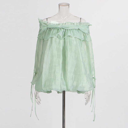 Long Ruffle Sleeves Lace-Up Tulle Shirt Formal Top