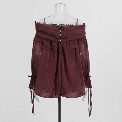 Long Ruffle Sleeves Lace-Up Tulle Shirt Formal Top