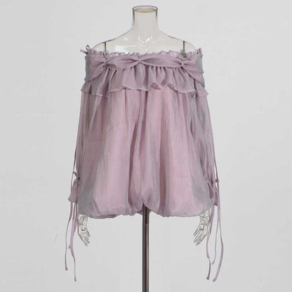 Long Ruffle Sleeves Lace-Up Tulle Shirt Formal Top