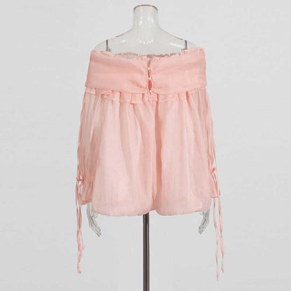 Long Ruffle Sleeves Lace-Up Tulle Shirt Formal Top