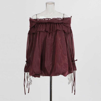Long Ruffle Sleeves Lace-Up Tulle Shirt Formal Top