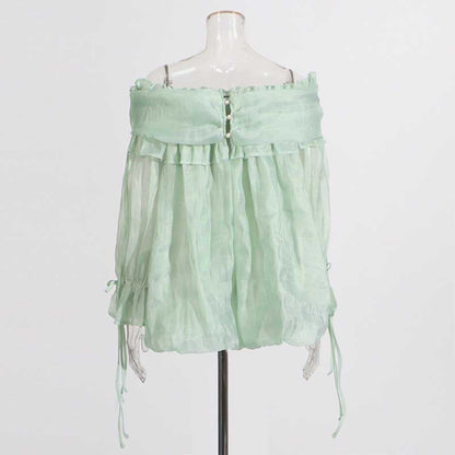 Long Ruffle Sleeves Lace-Up Tulle Shirt Formal Top