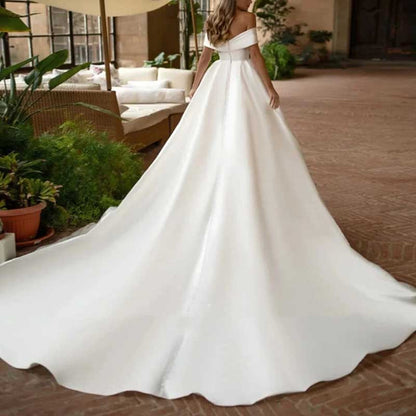 Off The Shoulder Wedding Dress Palace Ball Gown A line Satin Bridal Dress With Tail