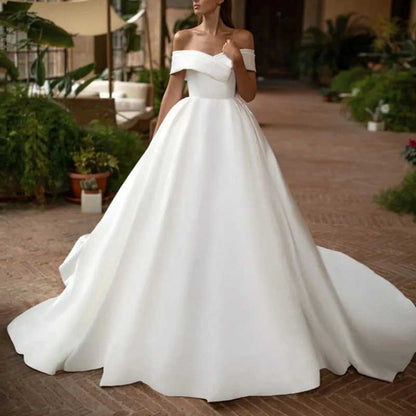 Off The Shoulder Wedding Dress Palace Ball Gown A line Satin Bridal Dress With Tail
