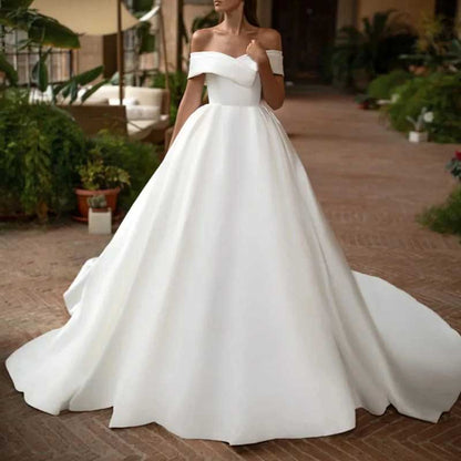 Off The Shoulder Wedding Dress Palace Ball Gown A line Satin Bridal Dress With Tail