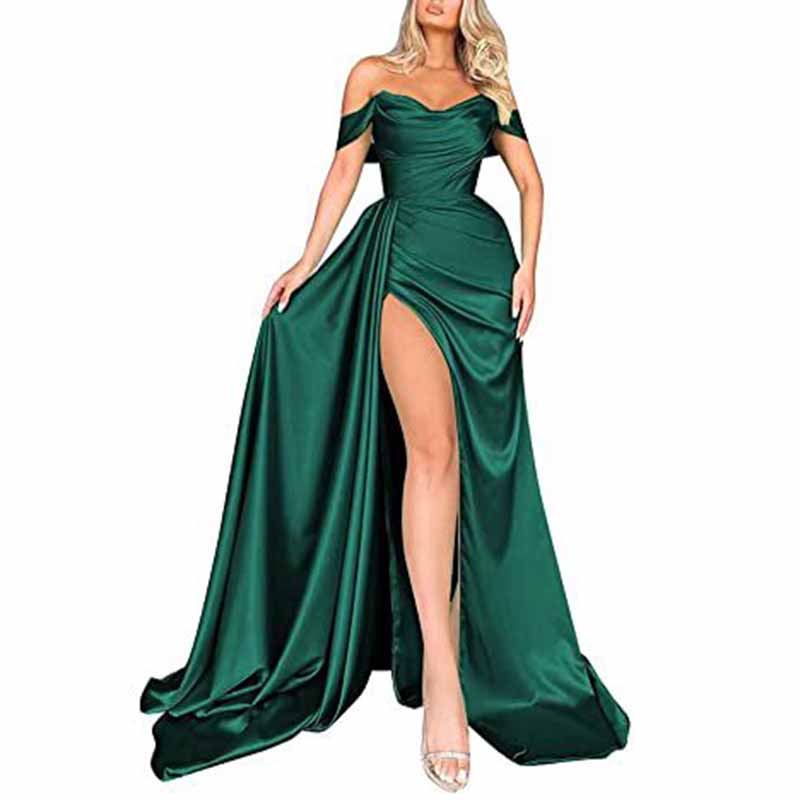 Women's Off The Shoulder Prom Dresses Slit Satin Long Evening Formal Dress