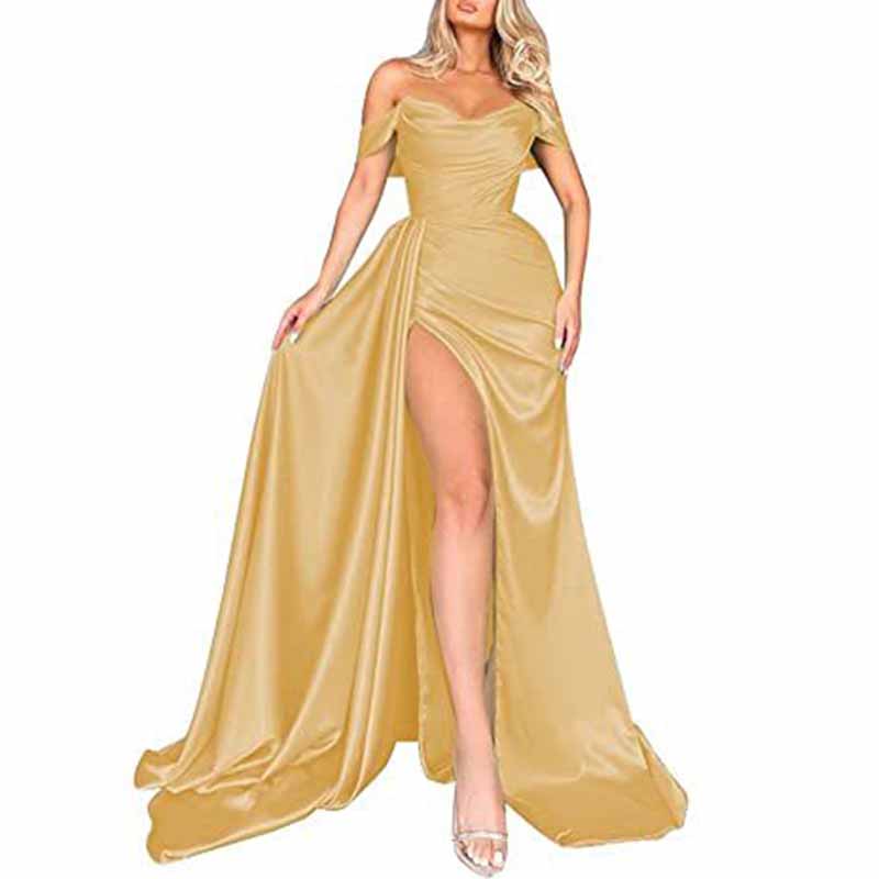 Women's Off The Shoulder Prom Dresses Slit Satin Long Evening Formal Dress