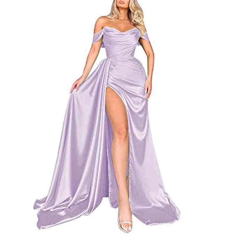 Women's Off The Shoulder Prom Dresses Slit Satin Long Evening Formal Dress