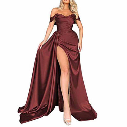 Women's Off The Shoulder Prom Dresses Slit Satin Long Evening Formal Dress