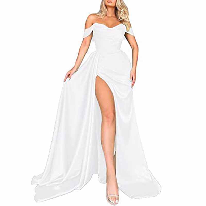 Women's Off The Shoulder Prom Dresses Slit Satin Long Evening Formal Dress