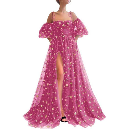 Garden Prom Dress Tulle Glitter Starry Slit Long Spaghetti Straps Birthday Party Ball Gowns