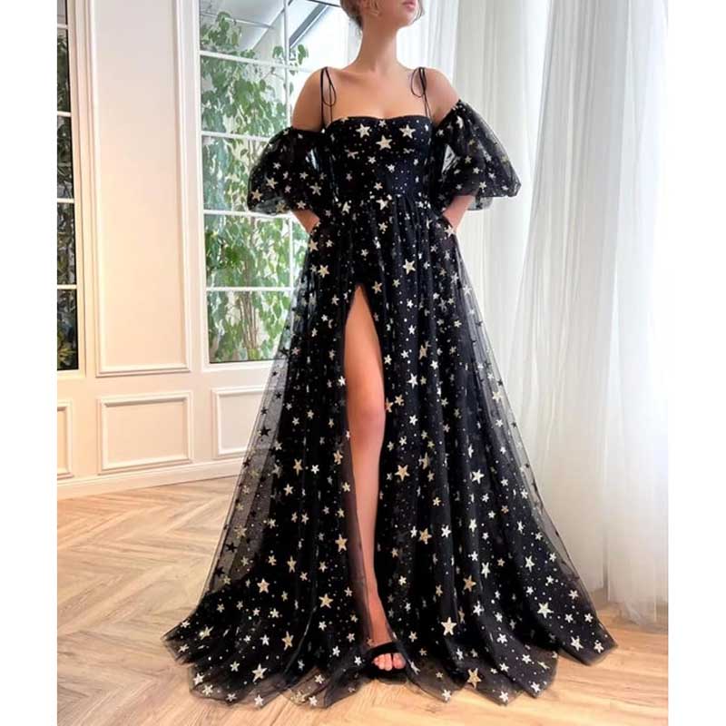 Garden Prom Dress Tulle Glitter Starry Slit Long Spaghetti Straps Birthday Party Ball Gowns