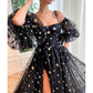 Garden Prom Dress Tulle Glitter Starry Slit Long Spaghetti Straps Birthday Party Ball Gowns