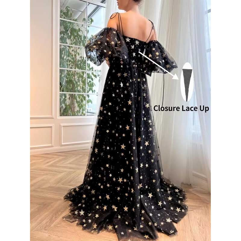 Garden Prom Dress Tulle Glitter Starry Slit Long Spaghetti Straps Birthday Party Ball Gowns