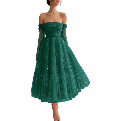 Teens Sparkly Starry Tulle Prom Dresses Off Shoulder Homecoming Dresses Formal Dress