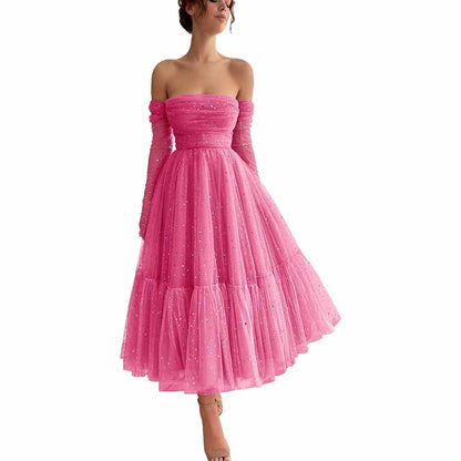 Teens Sparkly Starry Tulle Prom Dresses Off Shoulder Homecoming Dresses Formal Dress