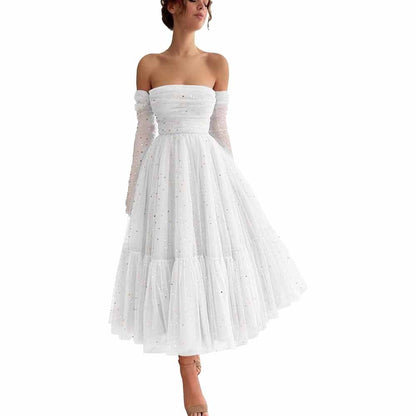 Teens Sparkly Starry Tulle Prom Dresses Off Shoulder Homecoming Dresses Formal Dress