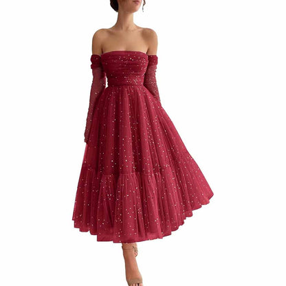 Teens Sparkly Starry Tulle Prom Dresses Off Shoulder Homecoming Dresses Formal Dress