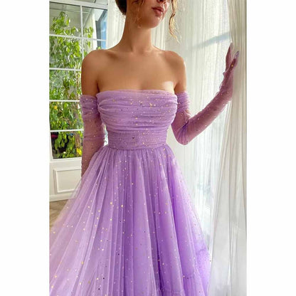 Teens Sparkly Starry Tulle Prom Dresses Off Shoulder Homecoming Dresses Formal Dress
