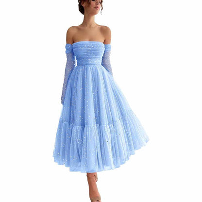 Teens Sparkly Starry Tulle Prom Dresses Off Shoulder Homecoming Dresses Formal Dress