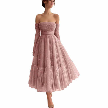 Teens Sparkly Starry Tulle Prom Dresses Off Shoulder Homecoming Dresses Formal Dress