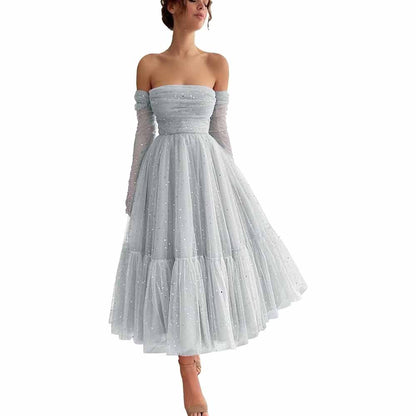 Teens Sparkly Starry Tulle Prom Dresses Off Shoulder Homecoming Dresses Formal Dress