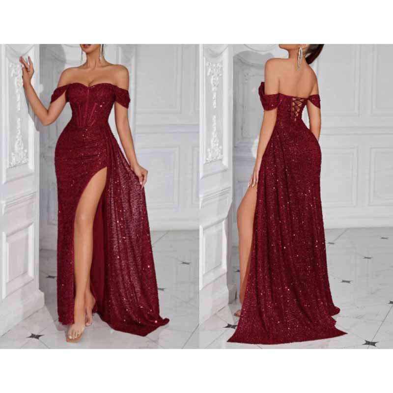 Off Shoulder Sequin Prom Dress High Split Evening Ball Gown