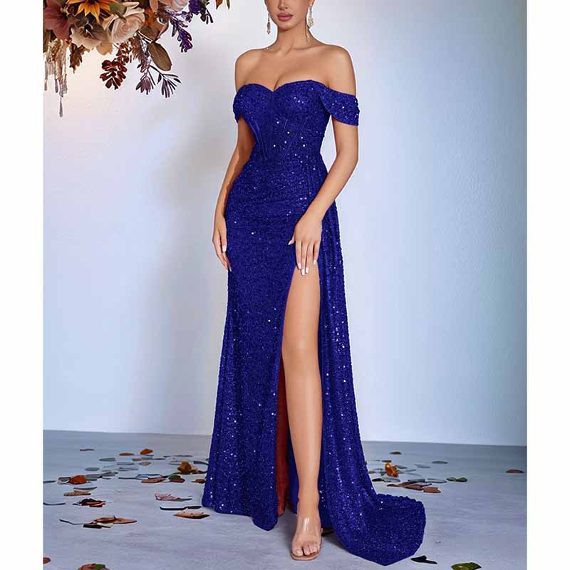 Off Shoulder Sequin Prom Dress High Split Evening Ball Gown