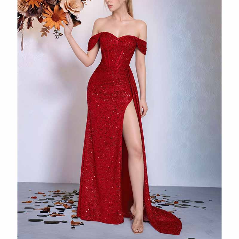 Off Shoulder Sequin Prom Dress High Split Evening Ball Gown