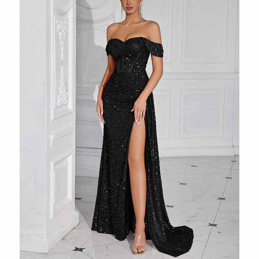 Off Shoulder Sequin Prom Dress High Split Evening Ball Gown