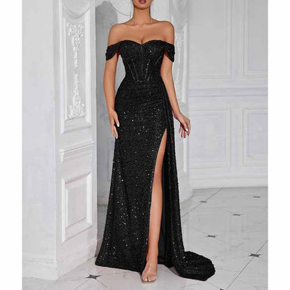 Off Shoulder Sequin Prom Dress High Split Evening Ball Gown