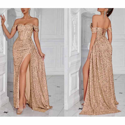 Off Shoulder Sequin Prom Dress High Split Evening Ball Gown
