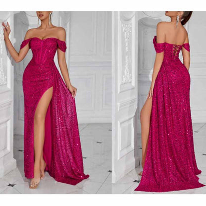Off Shoulder Sequin Prom Dress High Split Evening Ball Gown