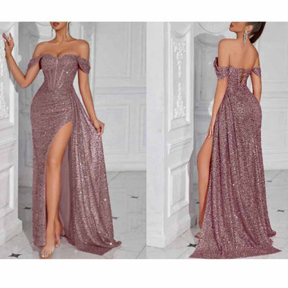 Off Shoulder Sequin Prom Dress High Split Evening Ball Gown