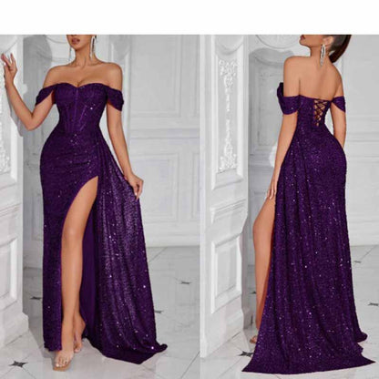 Off Shoulder Sequin Prom Dress High Split Evening Ball Gown