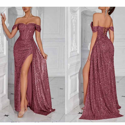 Off Shoulder Sequin Prom Dress High Split Evening Ball Gown