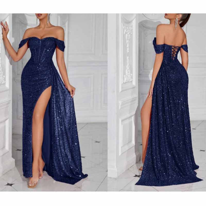 Off Shoulder Sequin Prom Dress High Split Evening Ball Gown