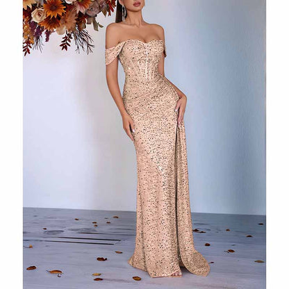 Off Shoulder Sequin Prom Dress High Split Evening Ball Gown