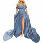 Off Shoulder Satin Prom Dresses Long Ball Gowns Split Evening Party Dress