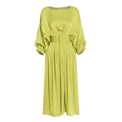 Satin Long Puffy Sleeve Lemon Green Dress with Belt Trendy Event Dress