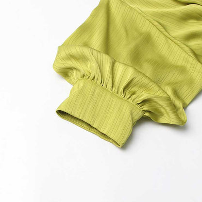 Satin Long Puffy Sleeve Lemon Green Dress with Belt Trendy Event Dress