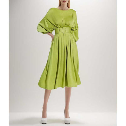 Satin Long Puffy Sleeve Lemon Green Dress with Belt Trendy Event Dress