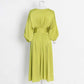 Satin Long Puffy Sleeve Lemon Green Dress with Belt Trendy Event Dress