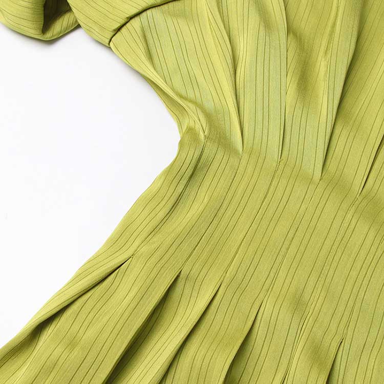 Satin Long Puffy Sleeve Lemon Green Dress with Belt Trendy Event Dress