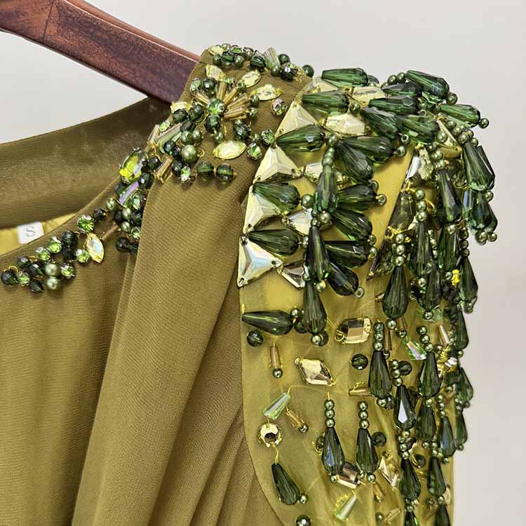 Olive Green Evening Gown Crystal Mesh Sleeve Maxi Dress